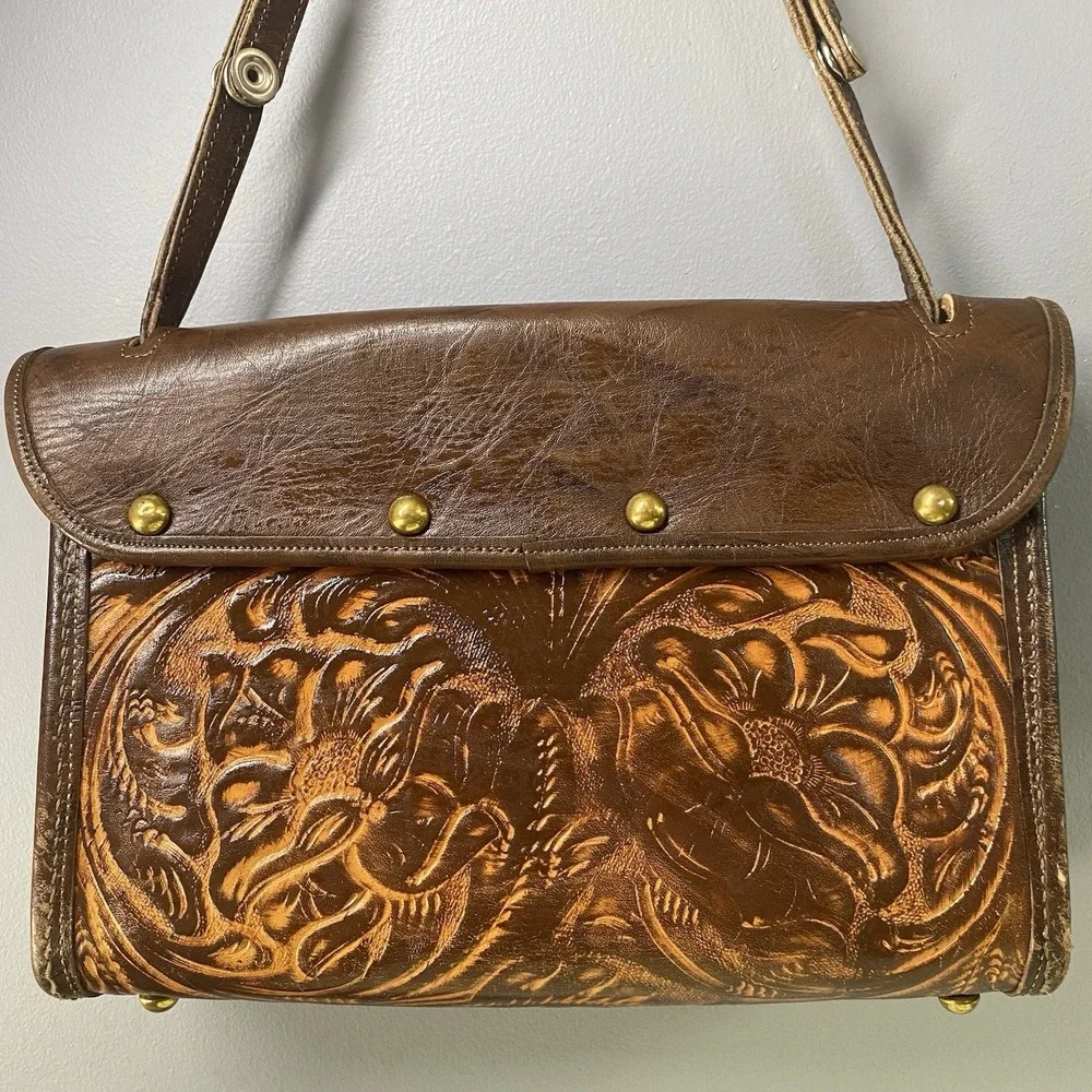 Vintage Real Leather Women's brown‎ Purse Boho Hand Tooled Shoulder bag 7x10x3